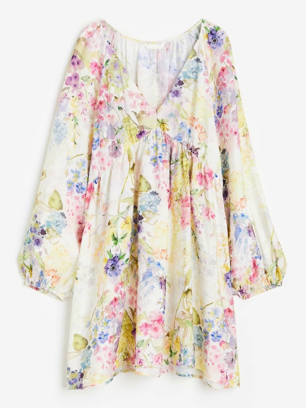 H&M Floral Long Sleeve Babydoll Dress - White with Pink, Blue & Green